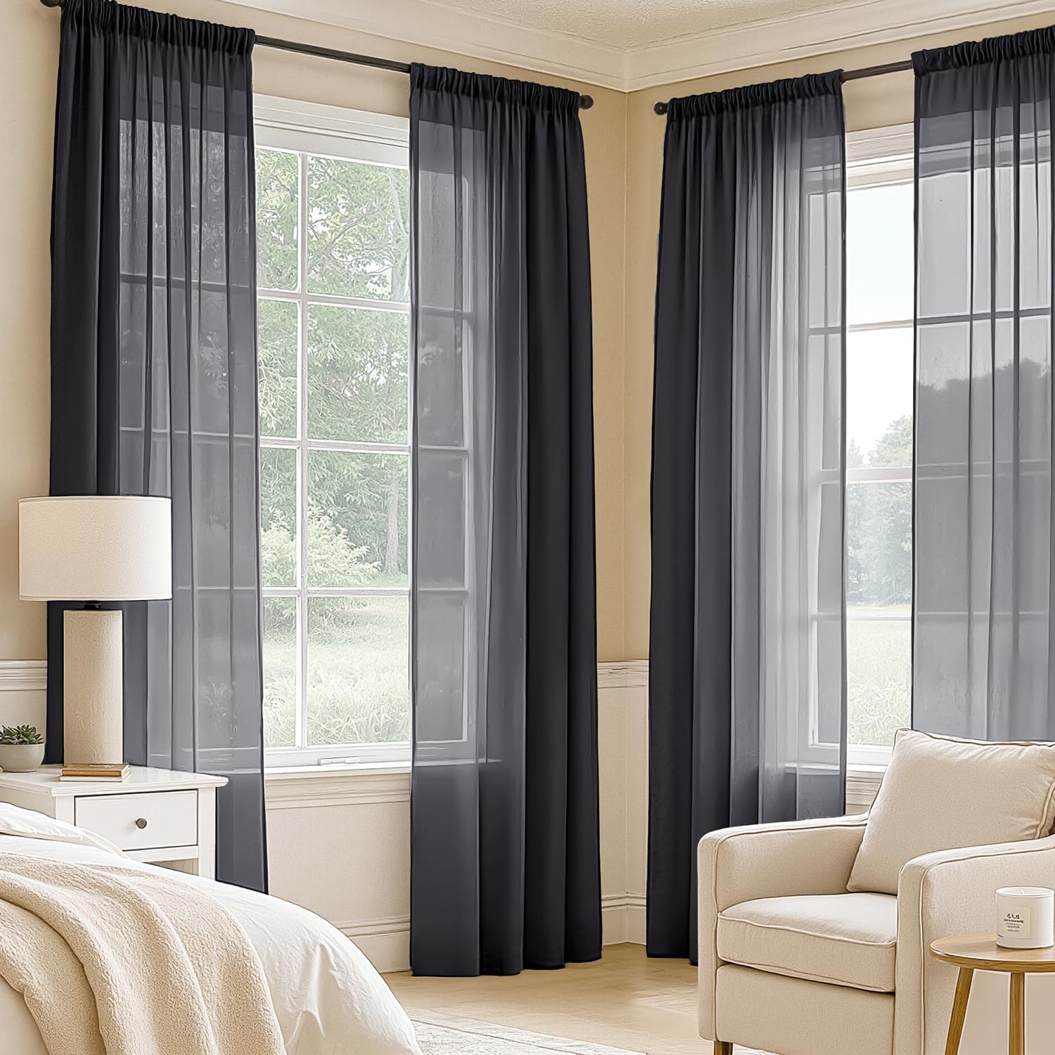 MIULEE Black Sheer Curtains 108 Inches Long 4 Panels 54 x 108 Inches