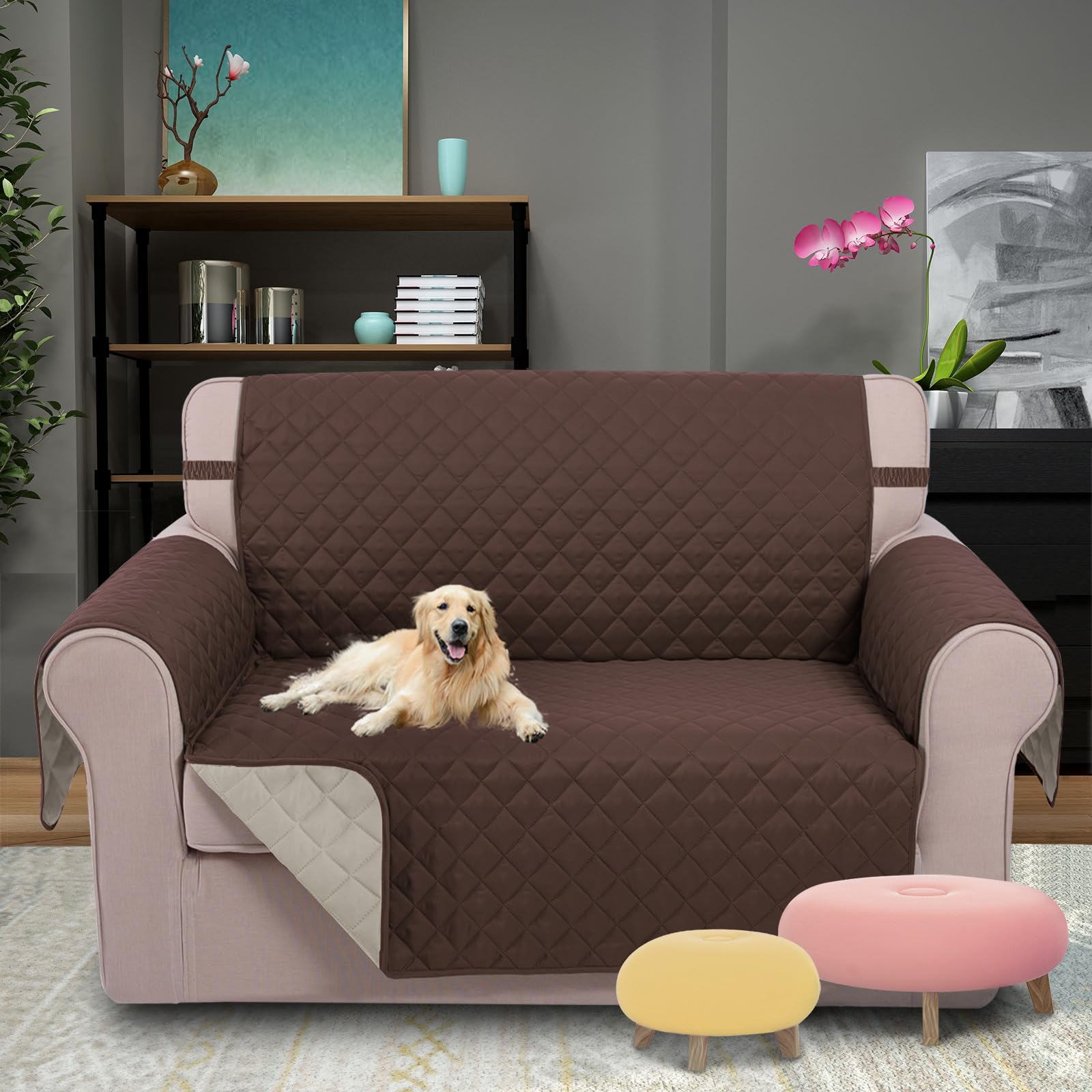 U-NICE HOME Loveseat Sofa Cover for 2 Cushion Couch, Coffee/Beige