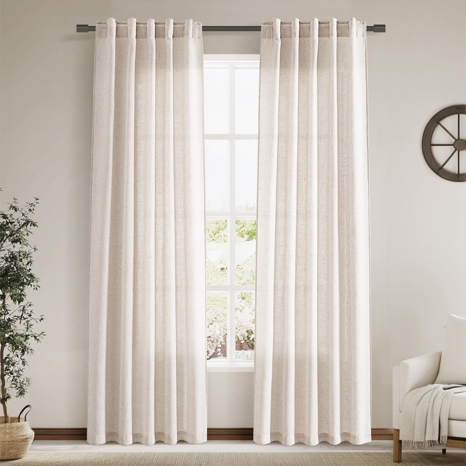 Beige Faux Linen Curtains 84 Inch Length 2 Panels for Bedroom Back Tab Pocket Semi Sheer Light Filtering Curtains Burlap Textured Farmhouse Curtain for Living Room Dining Room Aesthetic Decor 40x84