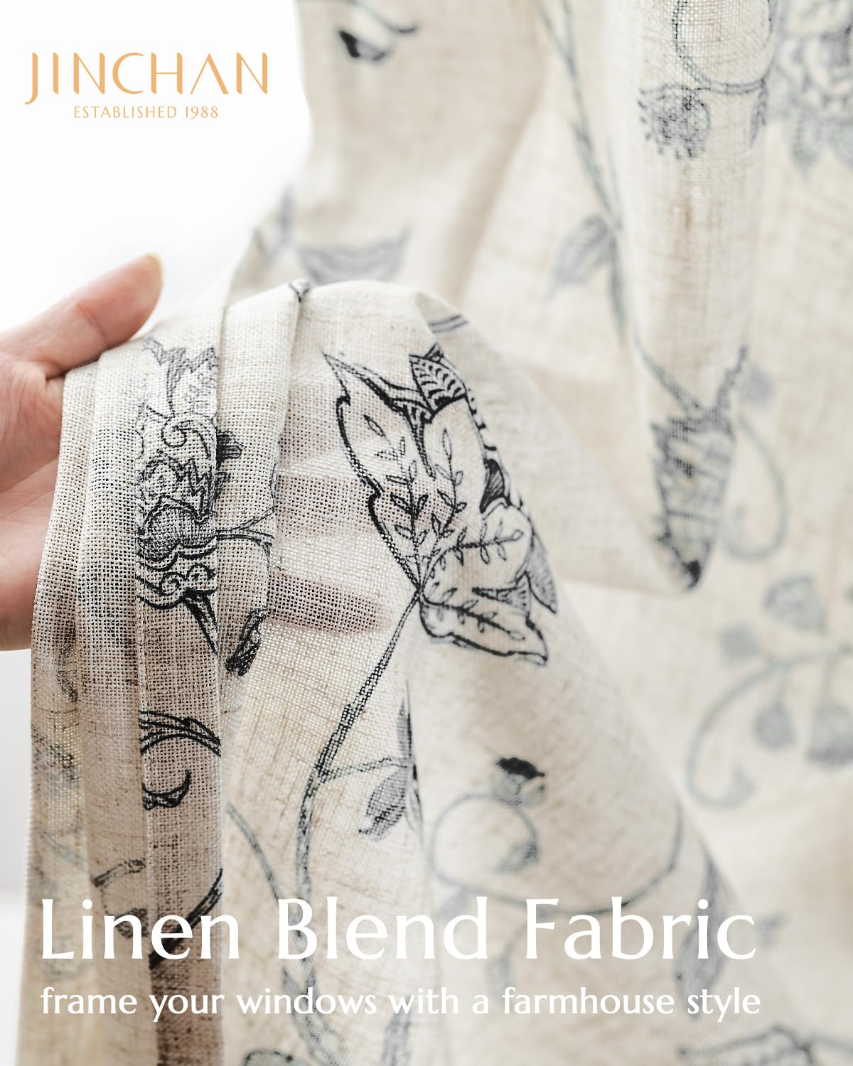 Jinchan Linen Floral Curtains 63 Inch Length for Living Room & Bedroom - Light Filtering Rod Pocket Back Tab Jacobean Curtains Flax Linen Texture Window Drapes Set 2 Panels Black on Linen
