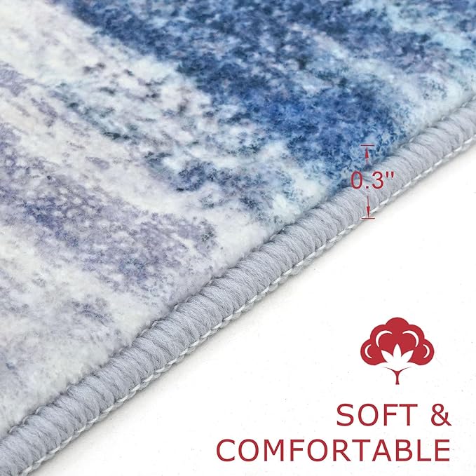 KOZYFLY Modern Abstract Hallway Runner Rug, 2x8 Washable Rug Runner Non-Slip Soft Striped Kitchen Runner Rugs, Print Blue/Grey/Beige Carpet Runner for Entryway Bathroom Laundry Room Foyer