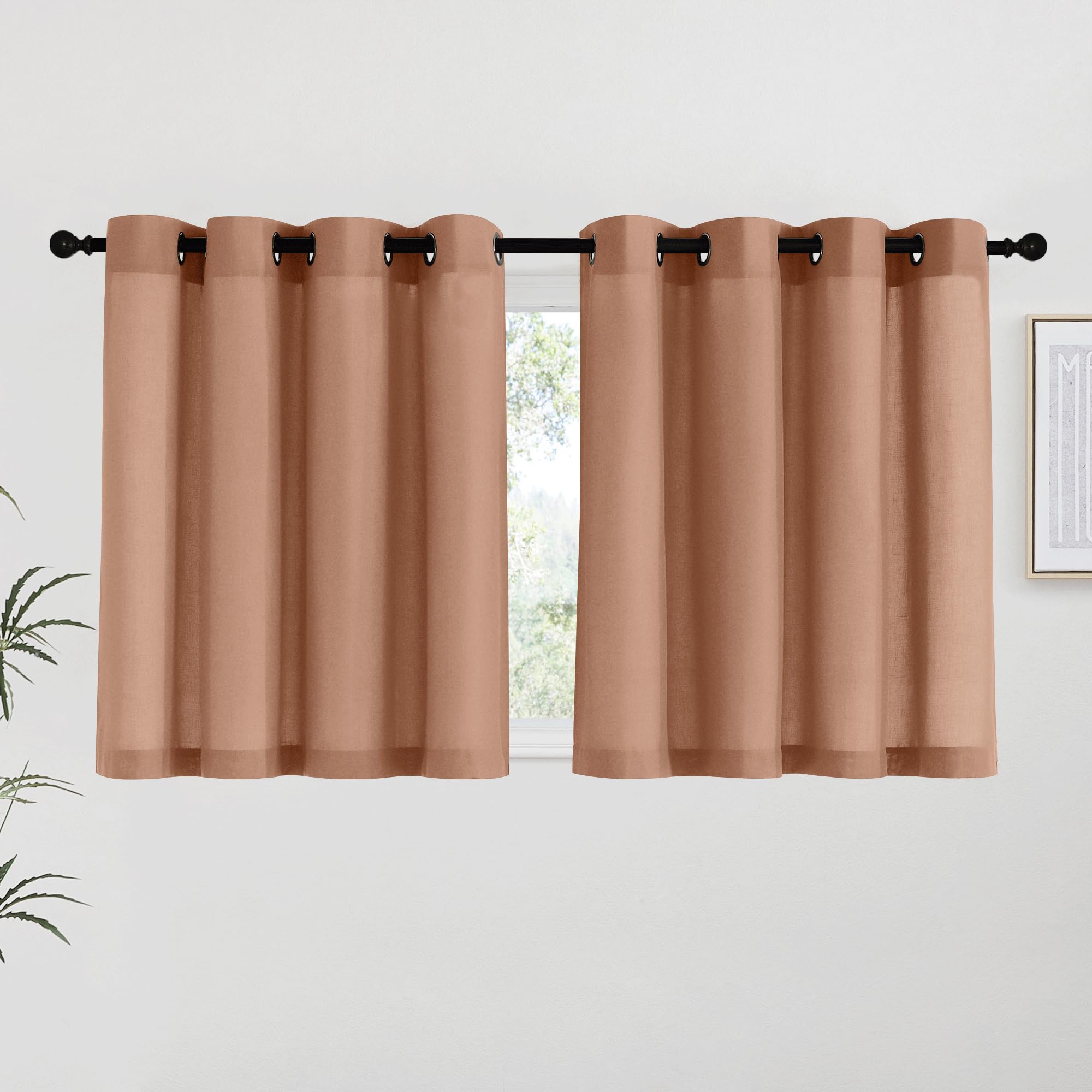 NICETOWN Terracotta Linen Kitchen Curtains 36 inch Length, Decorative Thick Flax Small Window Treatments Privacy Assured with Light Filtering for Bedroom/Bathroom, W55 x L36, 2 Panels