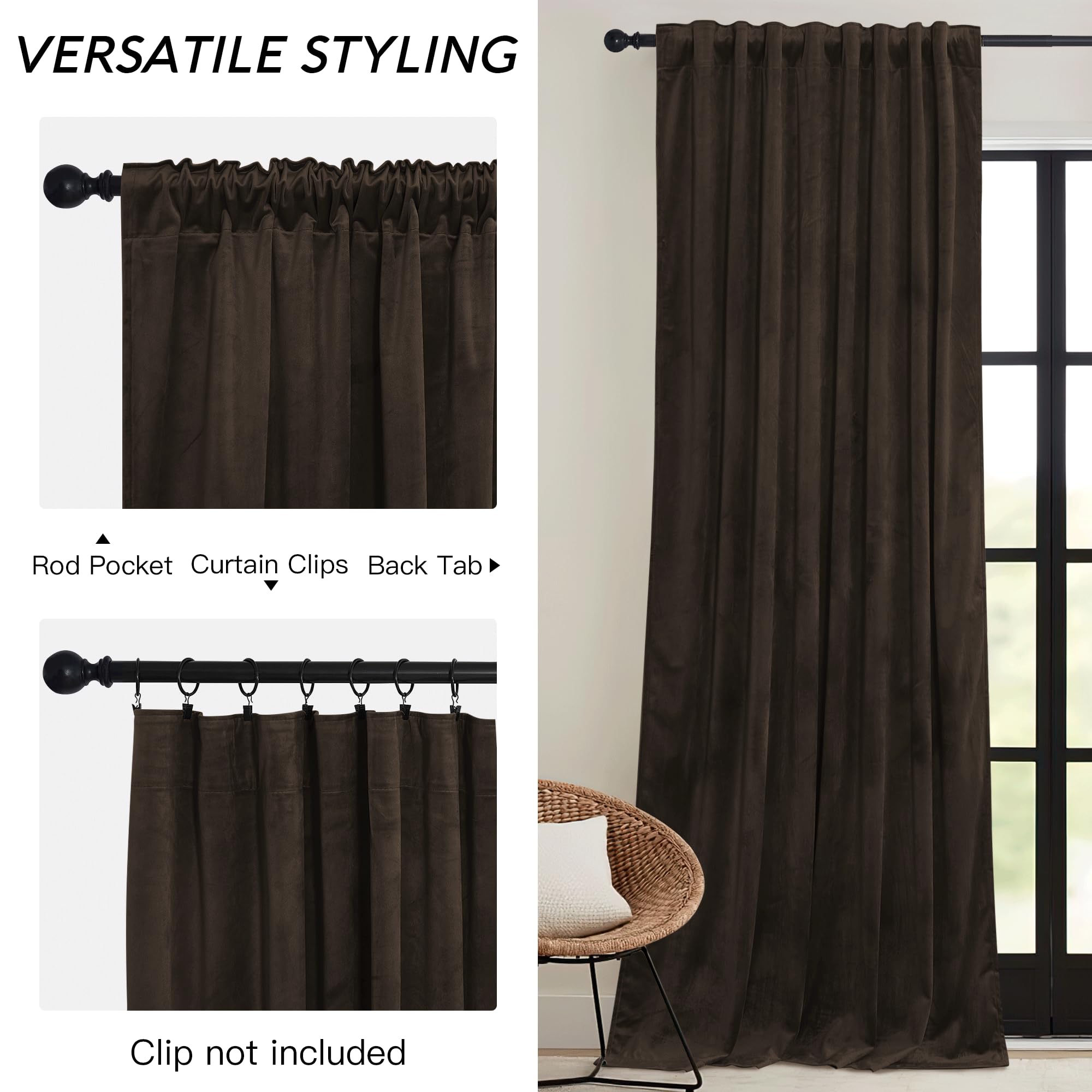 RYB HOME Brown Velvet Curtains 72 inches with Hook Belt, Back Tab