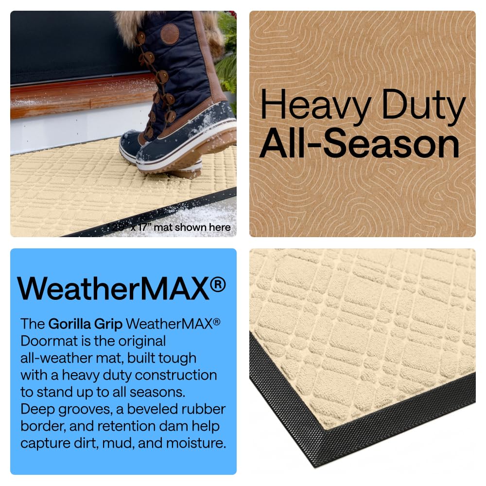 GORILLA GRIP 100% Waterproof All-Season WeatherMAX Doormat US Designed Natural Rubber, Stain and Fade Resistant, Low Profile Indoor Outdoor Door Mats, Easy Clean Patio Mat, 29x17, Modern Latte