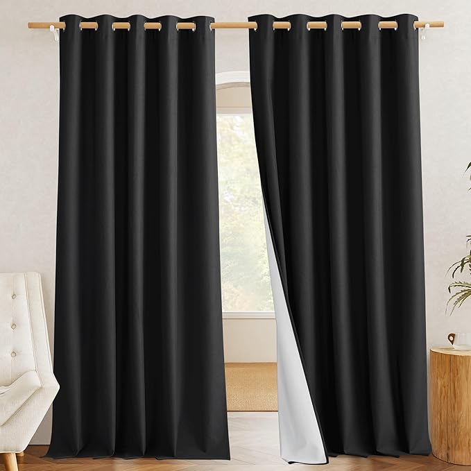 NICETOWN Black Out Linen Curtains, Complete Blackout Shades for Large Window Door, 100% Blackout Window Curtain Panels with White Lined, 62 inches Width Each Panel, 108 inches Length, 2 Pieces