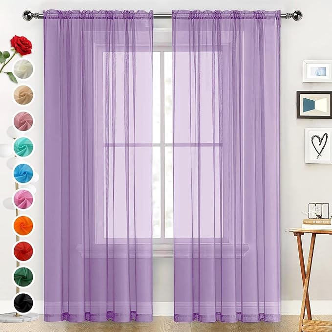 SpaceDresser Sheer Voile Window Treatment Rod Pocket Curtain Panels for Kitchen Bedroom Living Room Drapes Sunlight Filtering Privacy Semi Home Decor Assorted (Lavender, 52 W x 108 L)