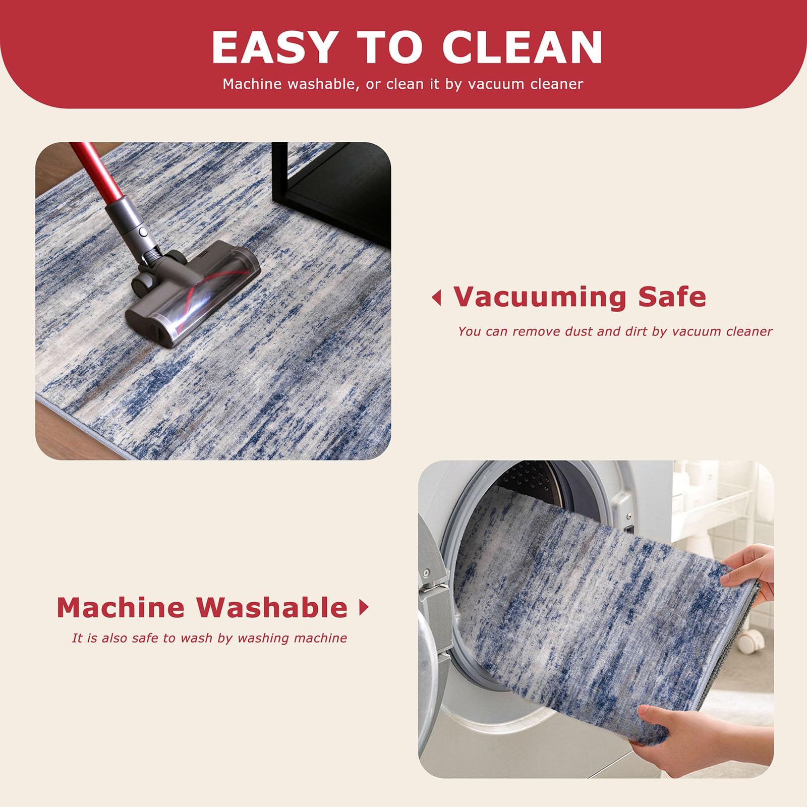 KOZYFLY Abstract Washable 3x5 Area Rug Kitchen & Entryway Rug Grey Blue