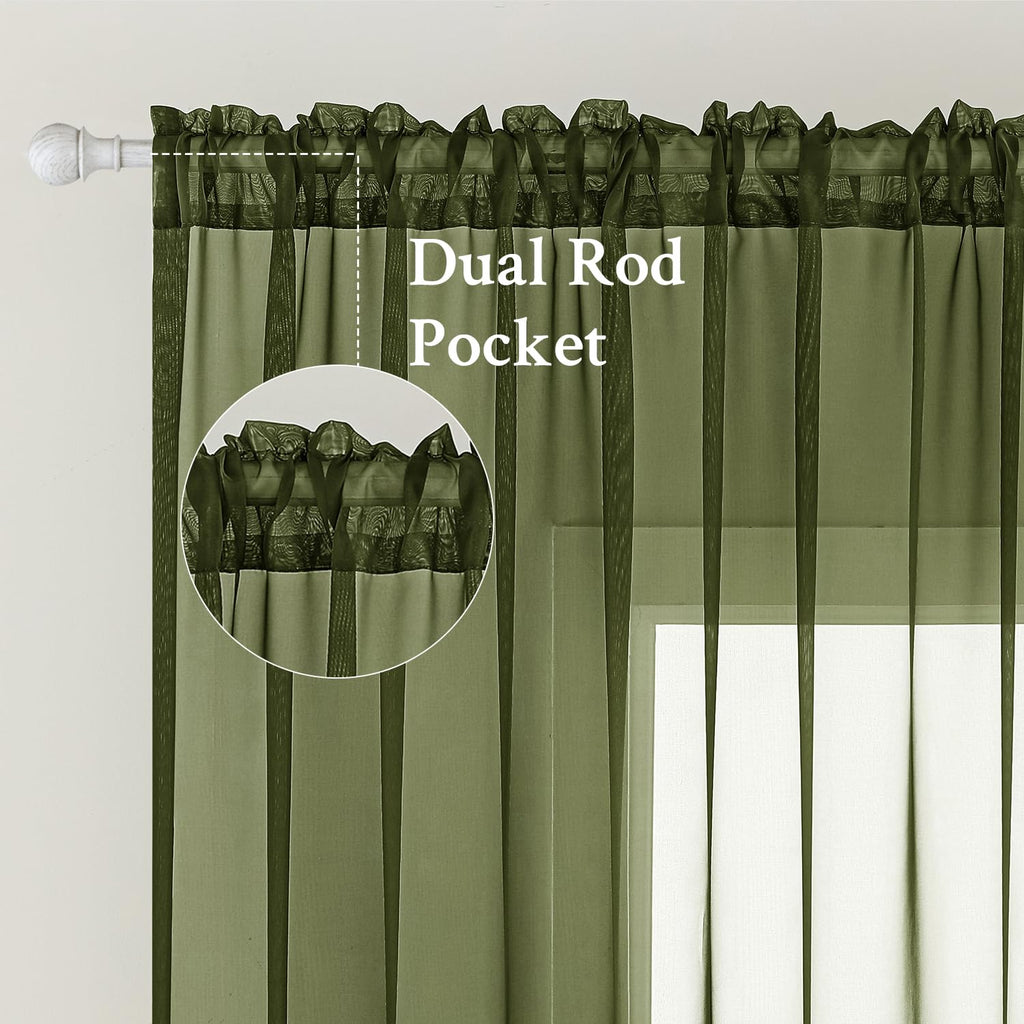 MIULEE Olive Green Sheer Curtains 54 X 45 Inches, 2 Panels