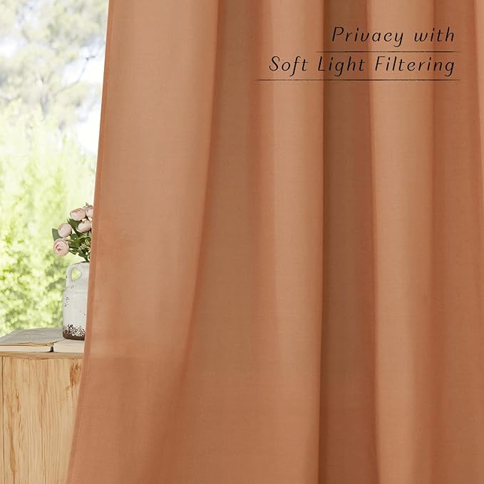 NICETOWN Thick Linen Burnt Orange Curtains for Bedroom, Grommet Linen Blend Window Treatment Privacy Added with Light Filtering Drapes for Bedroom/Girls Room, 2 Panels, W55 x L54
