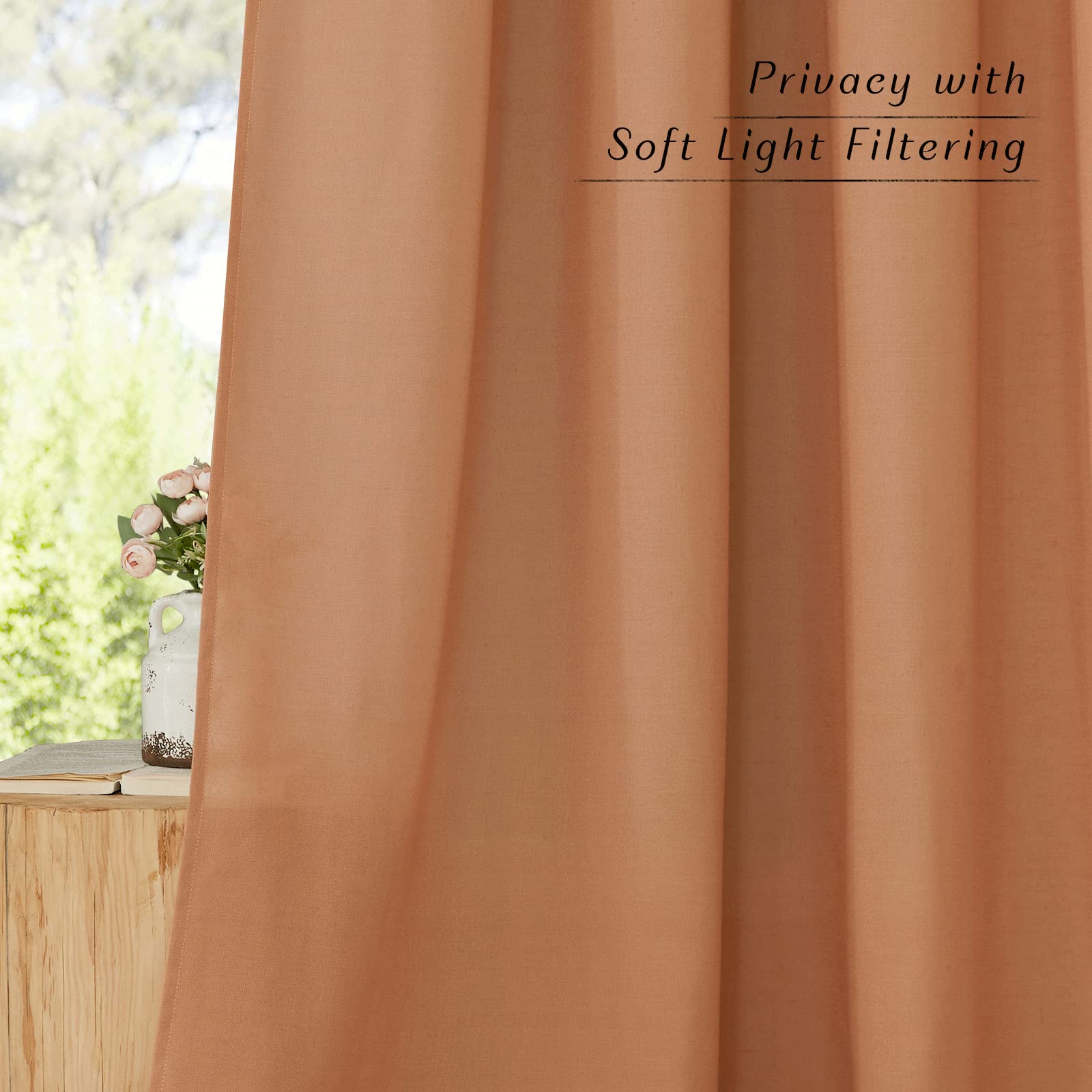 NICETOWN Linen Flax Semi Sheer Curtains 94" Length, Grommet Window Treatments Privacy Added with Light Penetration Vertical Drapes for Loft/Home Office, Burnt Orange, W55 x L94, 2 Panels