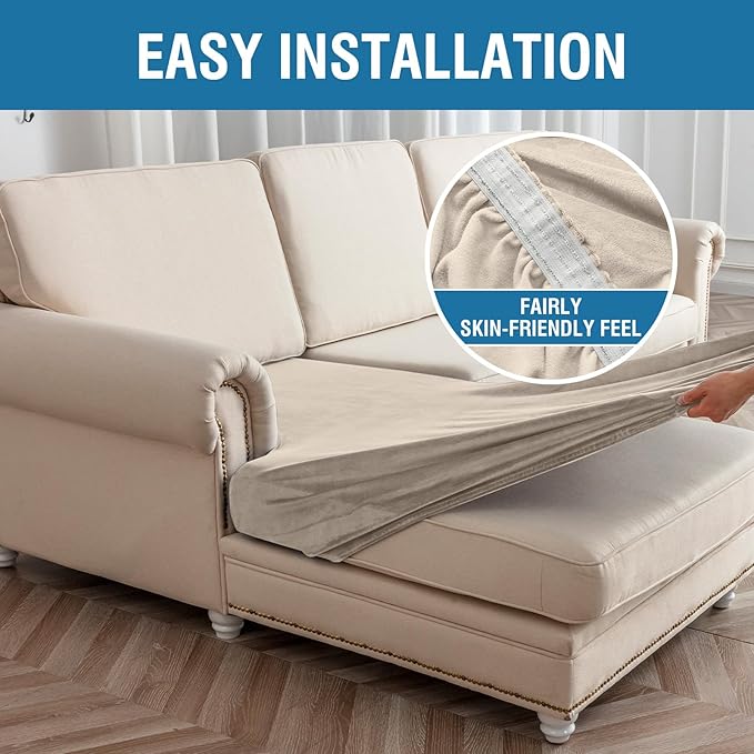 Taque Couch Cover 4-Piece Elastic Velvet Couch Cushion Covers & Chaise Slipcovers for L-Shaped Sofas - Sofa Seat Covers Washable, Soft Protector for Couches (3 Seater + Chaise, Taupe)