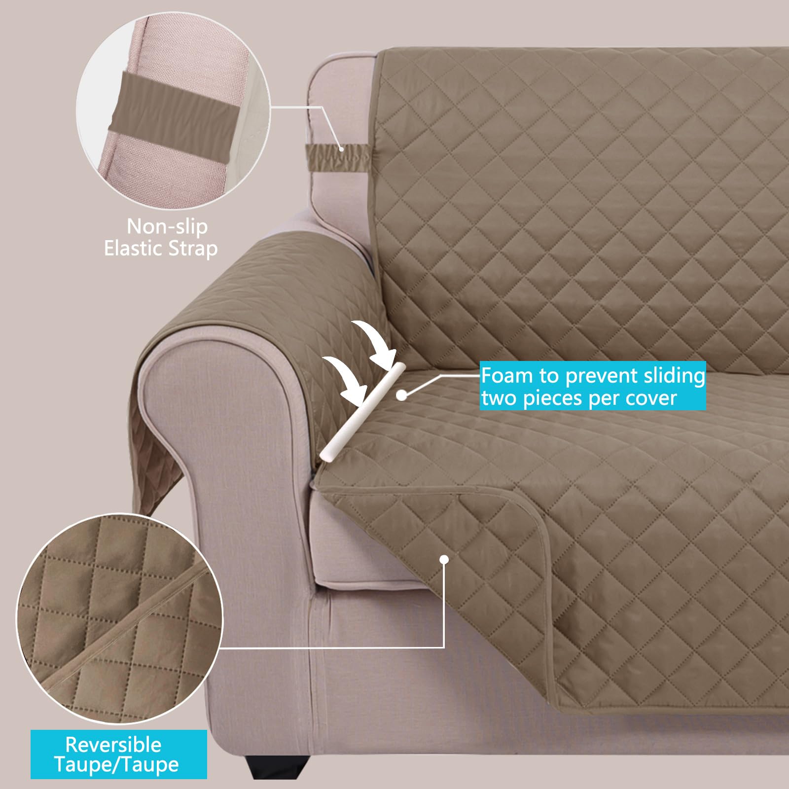 U-NICE HOME Loveseat Sofa Cover for 2 Cushion Couch, Taupe/Taupe