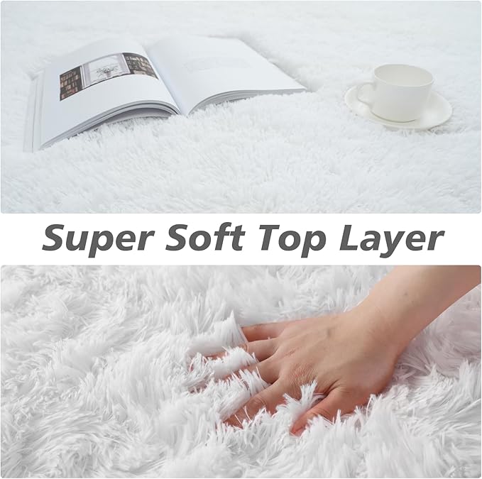 5x8 White Shag Area Rug for Living Room, Fluffy Plush Carpet