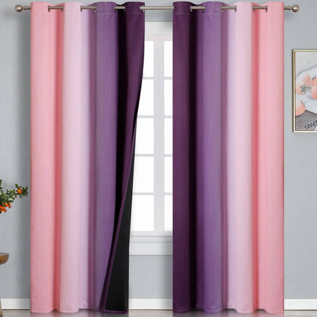 Pink and Purple Ombre Blackout Curtains for Girls Bedroom 102 Inches Long