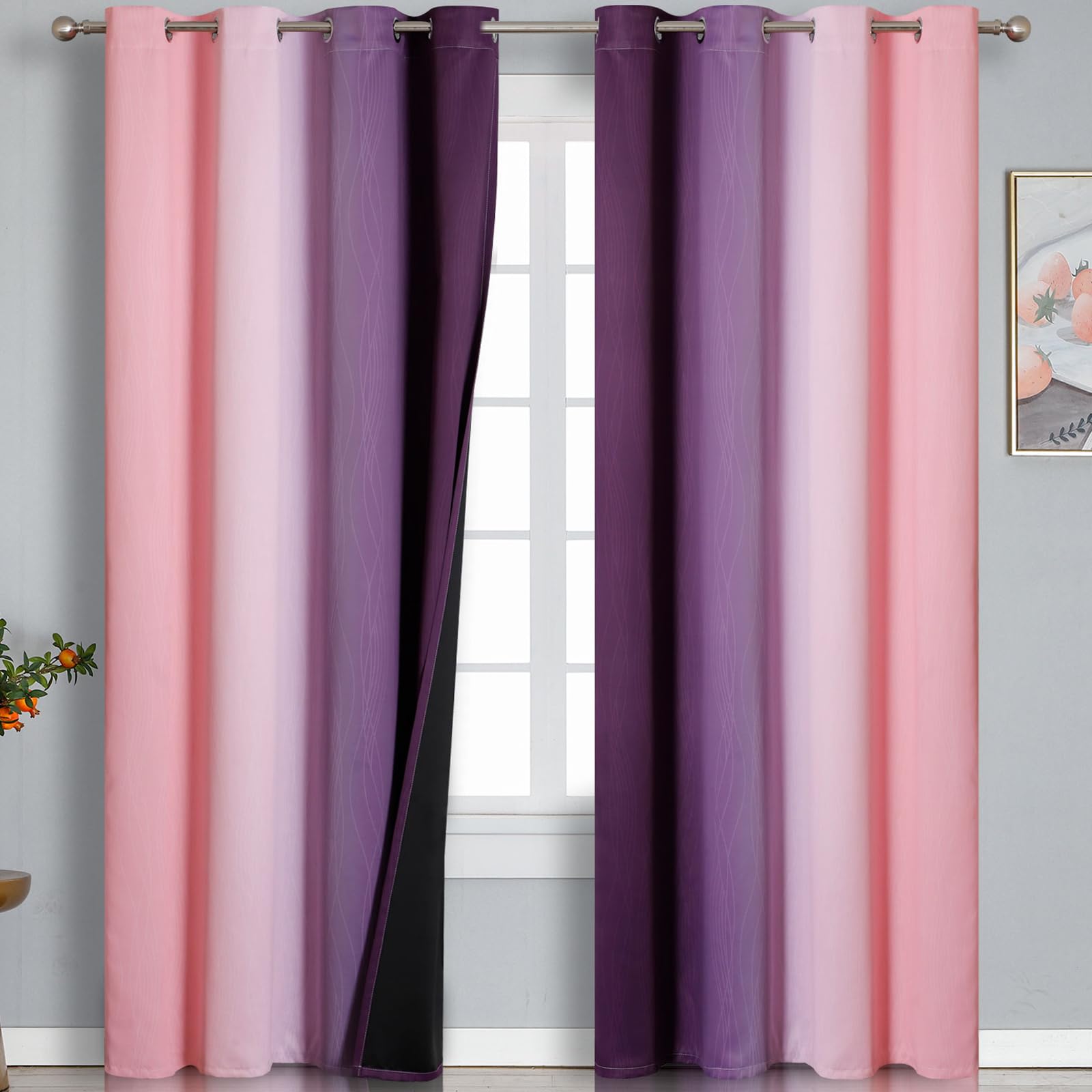 Pink and Purple Ombre Blackout Curtains for Girls Bedroom 102 Inches Long