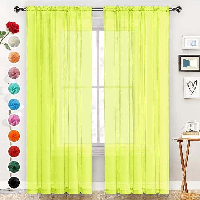 SpaceDresser Basic Rod Pocket Sheer Voile Window Curtain Panels Chartreuse 1 Pair 2 Panels 52 Width 108 Inch Long for Kitchen Bedroom Children Living Room Yard（Chartreuse, 52W x 108L）