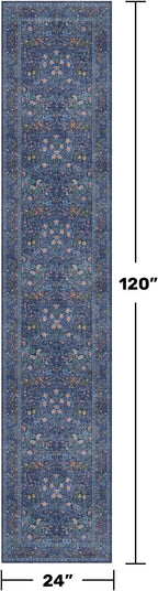 Hazo Haus Non Slip 2x10 Dark Blue Hallway Runner - 10ft Long Runner Rugs, Washable Kitchen Floor Mat - Vintage Navy Floral Design Décor