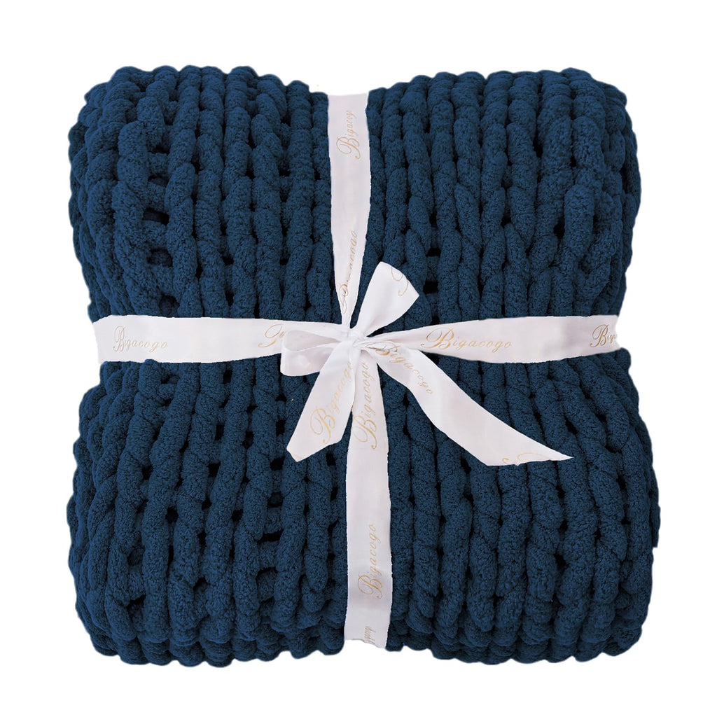 Bigacogo Chunky Knit Throw Blanket for Couch, 40x80 inches, Navy Blue