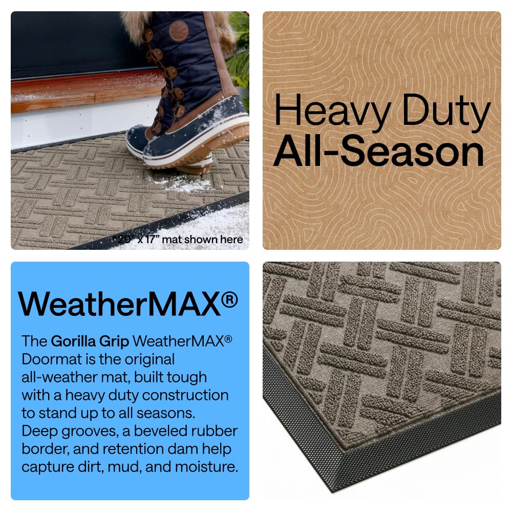 GORILLA GRIP 100% Waterproof All-Season WeatherMAX Doormat, 47x35, US Designed Natural Rubber, Stain and Fade Resistant, Low Profile Indoor Outdoor Door Mats, Easy Clean Patio Mat, Taupe Basket Weave