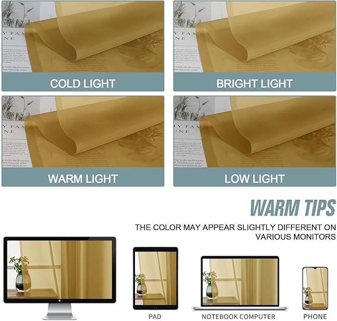 Gold Sheer Curtains for Window 96 Inches Long 2 Panels Set, Soft Airy Light Filtering Voile Sheer Curtains for Living Room Bedroom, Dual Rod Pocket Elegant Window Drapes, 2x42Wx96L Inches