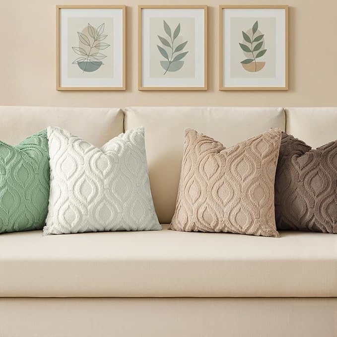 decorUhome Throw Pillow Covers 20x20 Inch Set of 2, Soft Plush Faux Wool Sage Green Solid Couch Pillow Covers, Accent Farmhouse Neutral Square Pillow Cases for Sofa Bed Living Room
