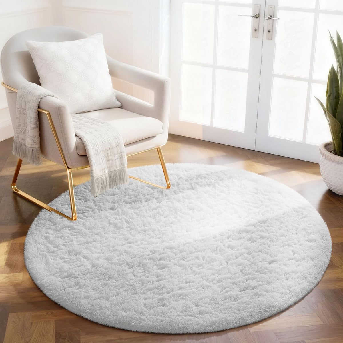 Ophanie Round Rug 4Ft White Circle Area Rug, Aesthetic Room Decor, Fluffy Fuzzy Bedroom Carpet, Plush Soft Shaggy Living Room Rugs for Kids Home, Nursery with 99 pcs Pile fibers