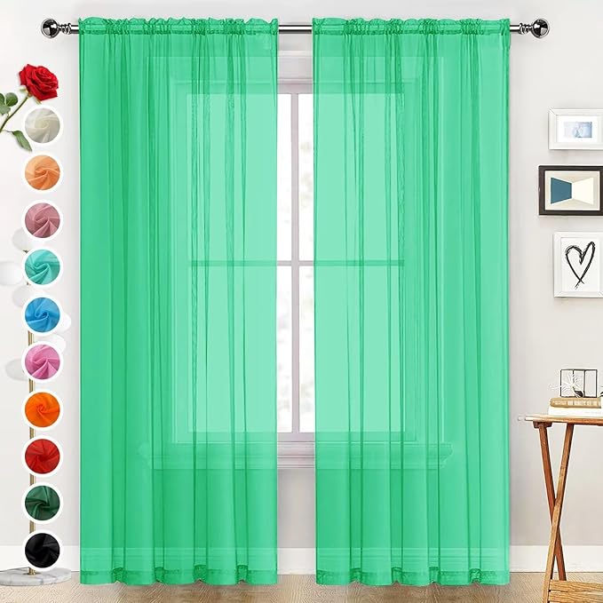 SpaceDresser Basic Rod Pocket Sheer Voile Window Curtain Panels Grass Green 1 Pair 2 Panels 52 Width 84 Inch Long for Kitchen Bedroom Children Living Room Yard（Grass Green, 52W x 84L）
