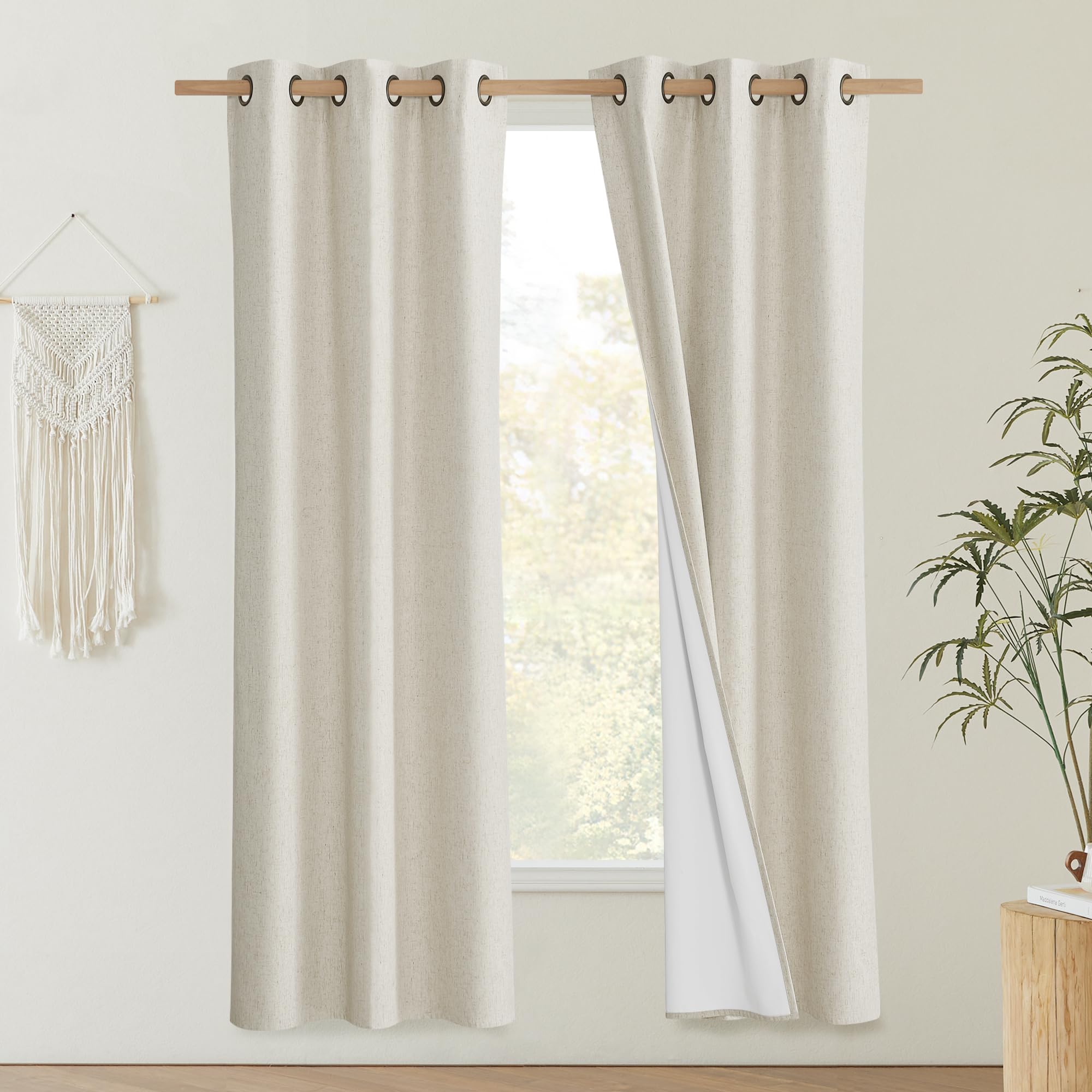 NICETOWN Natural Thick Linen Blend 100% Blackout Curtains 70" Long 2 Panels Set for Bedroom, 34" Wide, Rustic Grommet Thermal Insulated Flax Textured Full Blackout Window Draperies with White Liners