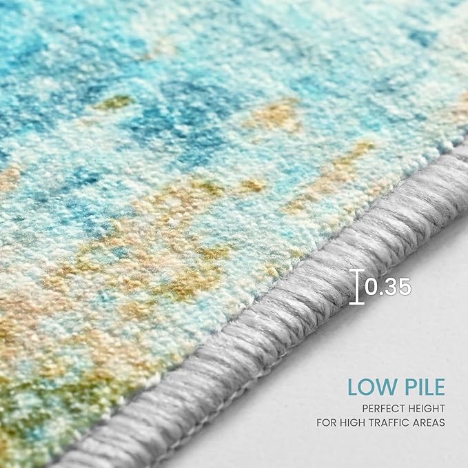 Area Rug 4x6 Teal Blue Rug Washable Boho Rugs Non Slip Low Pile Abstract Small Carpet for Entryway, Bedroom, Kitchen, Classroom, Kids Room, Office, Dorm, Dining Room