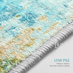 Ompaa Living Room Rug 8x10 Teal Blue Area Rugs Machine Washable Abstract Boho Large Rug Non-Slip Non-Shedding Faux Wool Indoor Vintage Carpet for Bedroom, Classroom, Dining Room, Kids Playroom