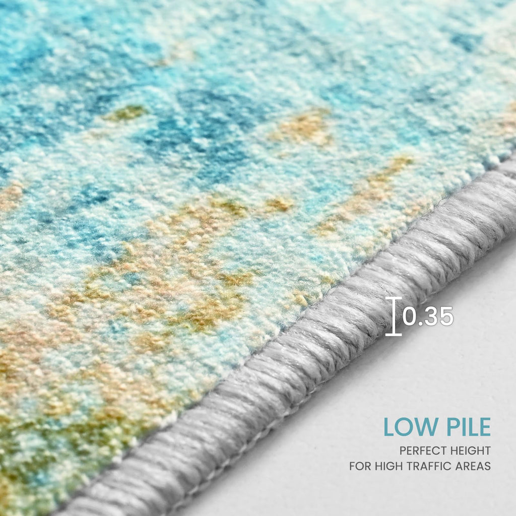 Area Rug 4x6 Teal Blue Rug Washable Boho Rugs Non Slip Low Pile Abstract Small Carpet for Entryway, Bedroom, Kitchen, Classroom, Kids Room, Office, Dorm, Dining Room