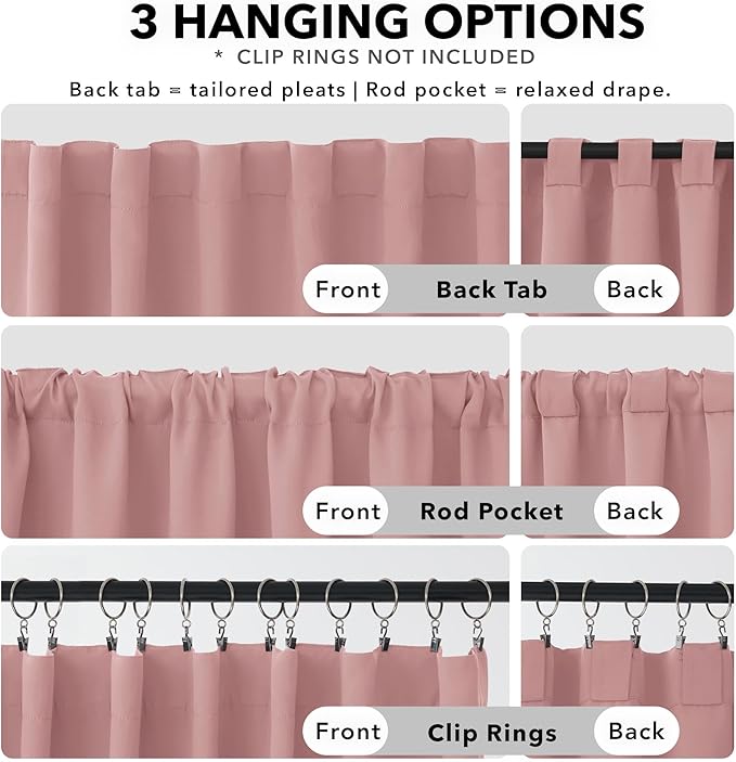Deconovo Solid Thermal Insulated Blackout Curtains Back Tab and Rod Pocket Curtains Room Darkening Curtains for Bedroom 52Wx63L Inch Coral Pink 2 Panels