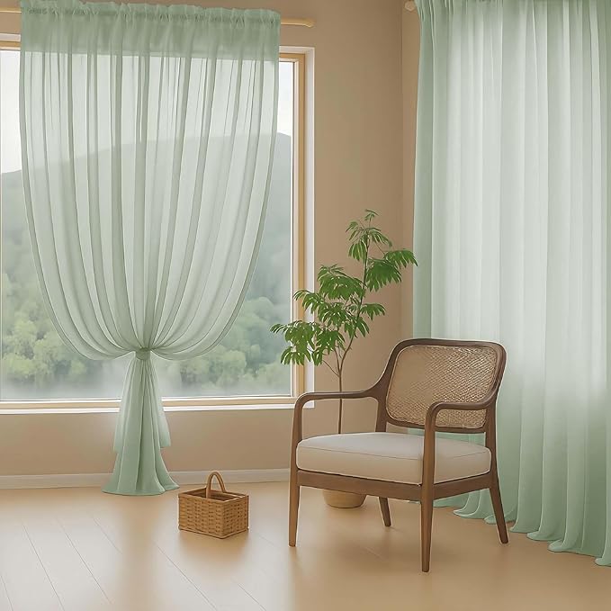 Sage Green Sheer Curtains for Windows 108 inches Long 2 Panels Set, Soft Lightweight Light Filtering Drapes for Living Room Bedroom, Dual Rod Pocket Sheer Curtains, 2x42Wx108L inches