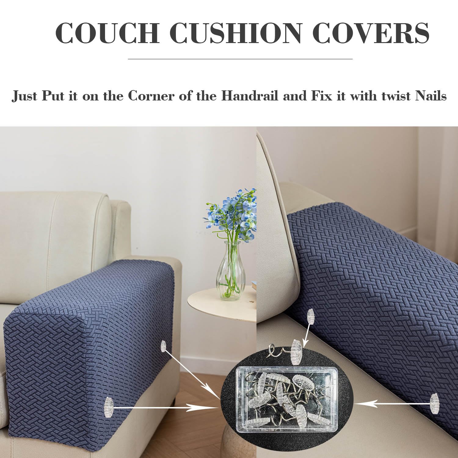 Disayu 2Pcs Couch Arm Covers, Armrest Cover for Sofa, Sofa Arms Covers Washable Arms with Twist Pins Soft,Skin-Friendly for Pets (Texture Light Gray, Armrest Cover)