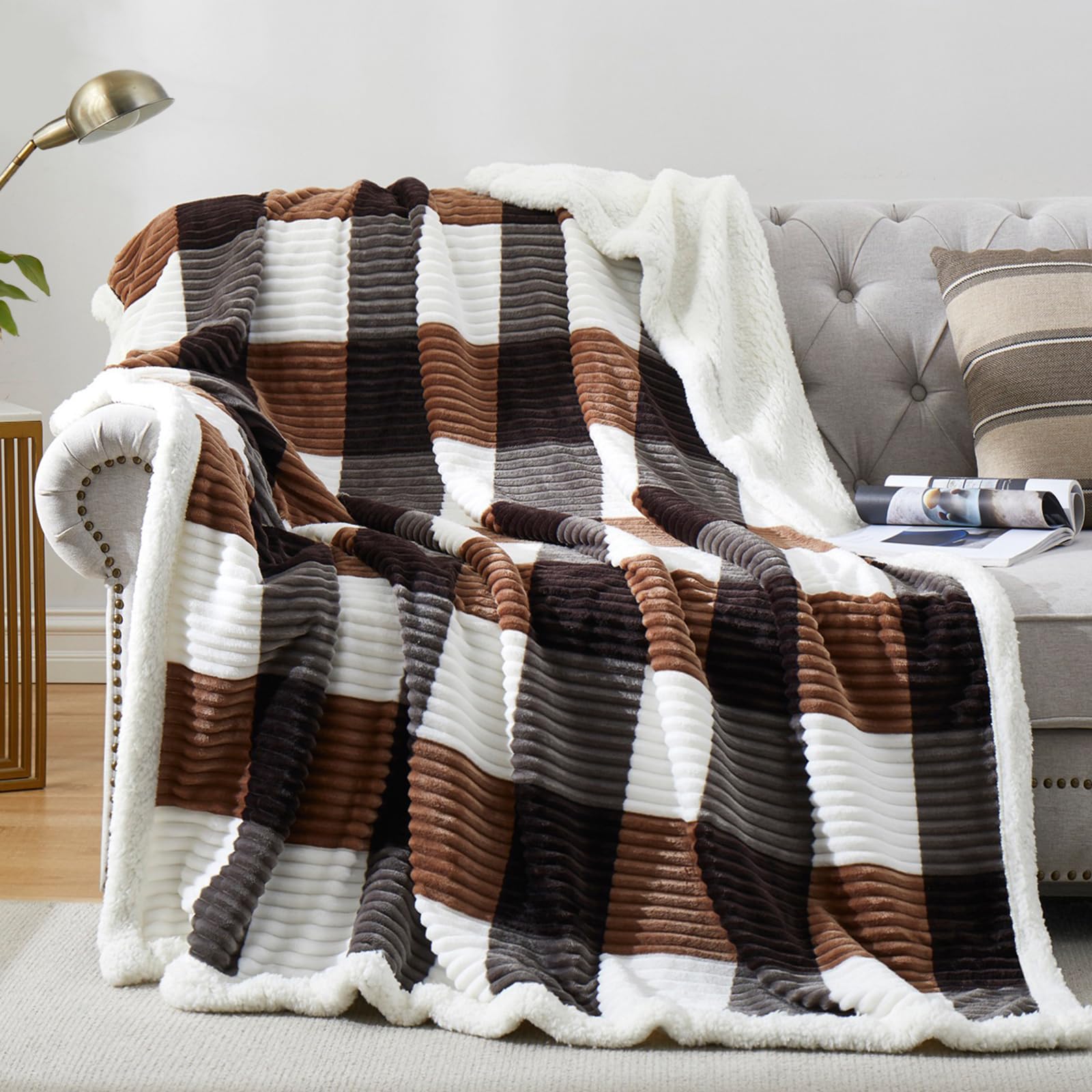 PU MEI Sherpa Blanket Queen Plaid Thick Bed Blanket, 80”*90” Super Soft Flannel Fuzzy Fleece Reversible Velvet Plush Warm Blanket for Couch (Blue White Check)