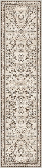 Yamaziot Washable Runner Rug 2x8 – Non Slip Boho Floral Hallway Runner Rug with Rubber Backing, Low Pile Faux Wool Distressed Carpet for Kitchen, Laundry, Bedroom, Entrance, Brown