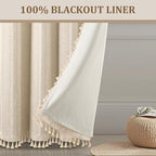 Boho Blackout Curtains 90 Inches Long Beige Linen Blend 2 Panels with Tassels and Cotton Embroidery, Farmhouse Vintage Rustic Rod Pocket Drapes for Living Room or Bedroom
