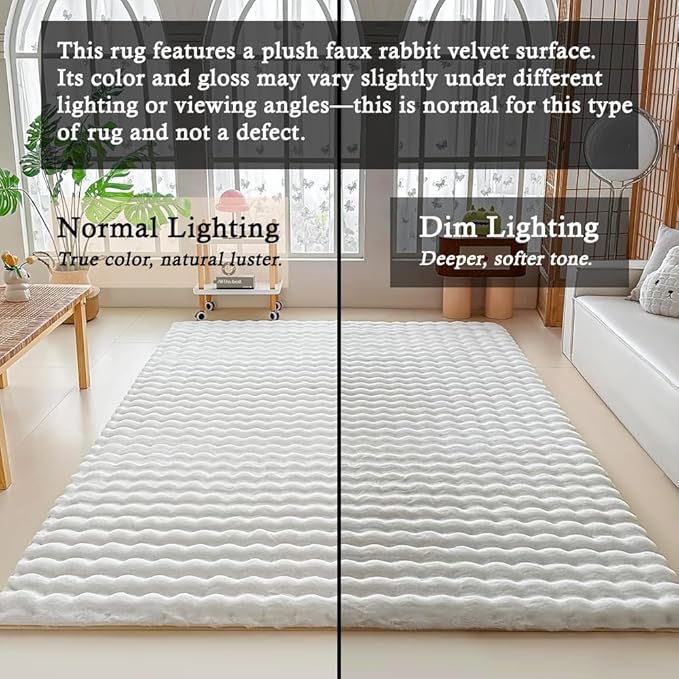 White Rabbit Plush Rug 6'x9', Fluffy Faux Fur Shaggy Area Rug for Nursery, Kids Room Decor, Soft Fuzzy Carpet for Living Room, Bedroom, Teen Girls Room