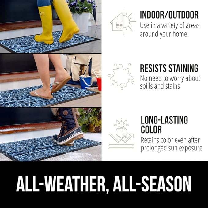 GORILLA GRIP 100% Waterproof All-Season WeatherMAX Doormat, US Designed Natural Rubber, Stain and Fade Resistant, Low Profile Indoor Outdoor Door Mats, Easy Clean Patio Mat, 29x17, Ocean Blue Waves