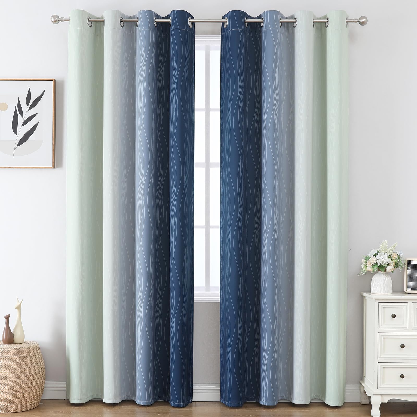 Sage Green and Navy Blue Ombre Blackout Curtains for Living Room 102 Inch