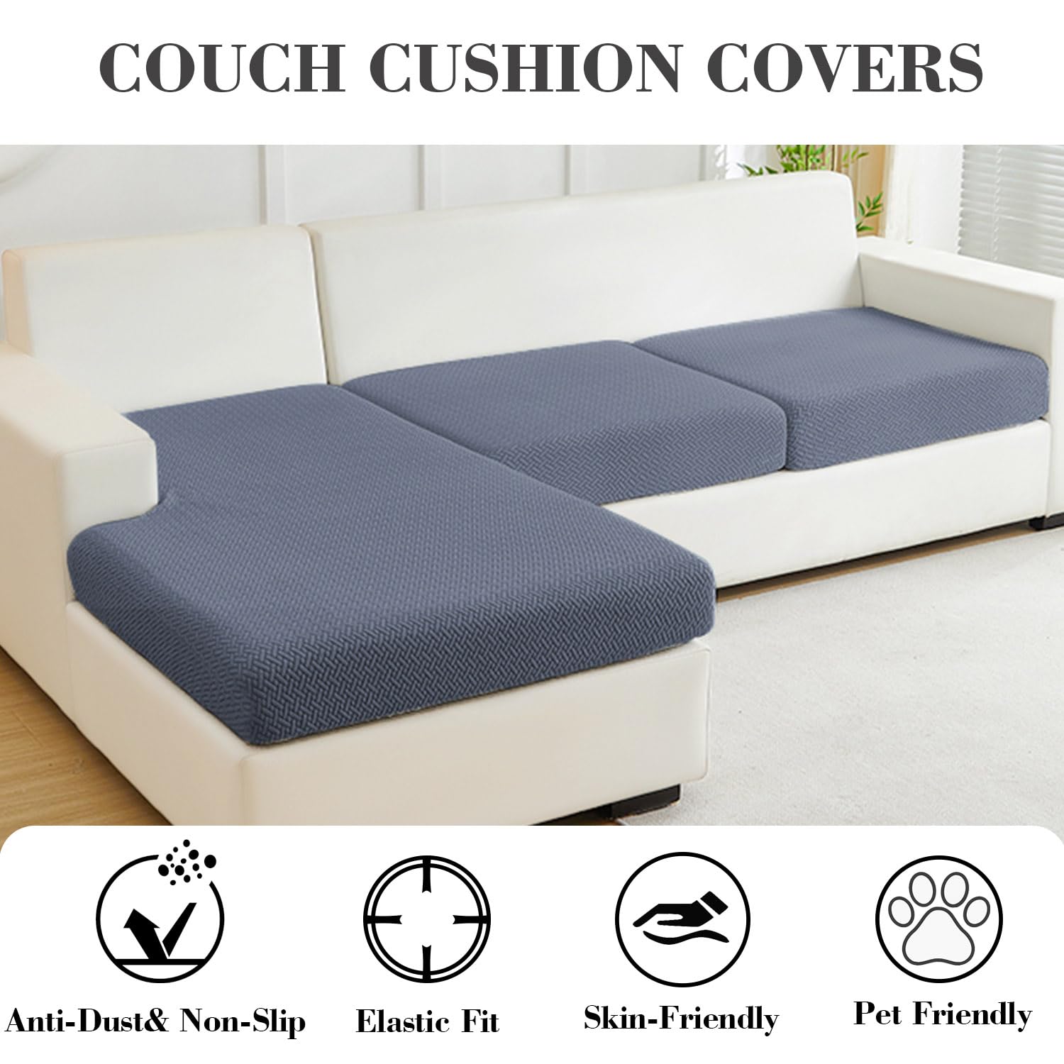 Disayu Sofa Covers Couch Covers for Sofa Pet Friendly Couch Cushion Covers Universal Sofa Covers Washable Stretch Slipcovers for Sectional Sofa (Texture Metal Gray, 2 Seats + Chaise Cover)