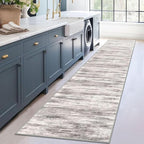 KOZYFLY Modern Abstract Washable Rug Runner 2.6x12 Hallway Rug Runner Non-Slip Soft Kitchen Runner Rugs, Grey/Light Beige/Brown Striped Carpet for Entryway Bathroom