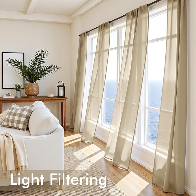 MIULEE Beige Sheer Curtains 108 Inches Long, 4 Panels Set, Rod Pocket Voile Drapes Light Filtering and Semi Transparent, Elegant Window Treatments for Bedroom Living Room,54 x 108 Inches