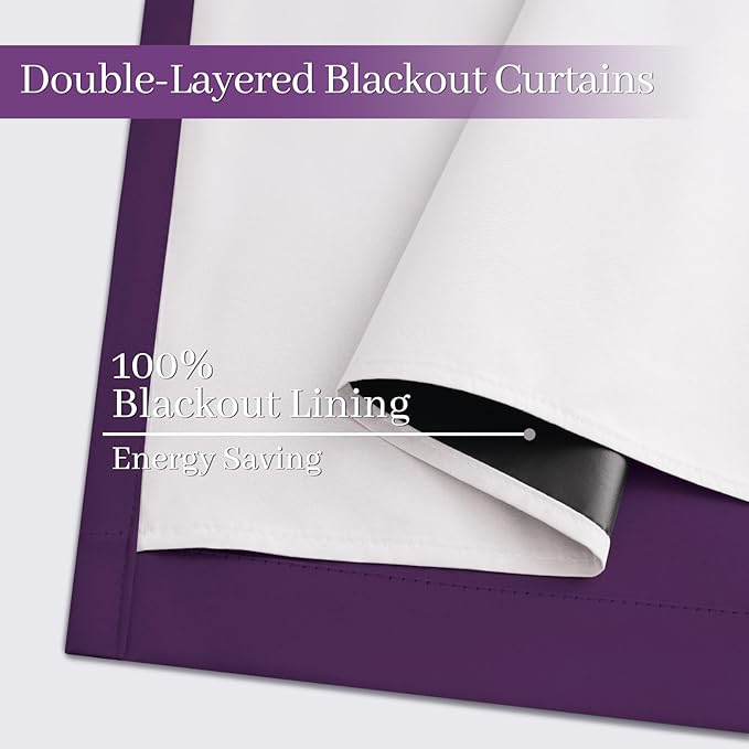 Yakamok 100% Blackout Curtains 52x96 inch Long Purple Window Drapes-Bedroom