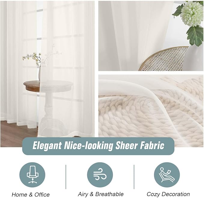 Ebesto Ivory Sheer Curtains for Windows 108 inches Long 2 Panels Set, Soft Lightweight Light Filtering Drapes for Living Room Bedroom, Dual Rod Pocket Sheer Curtains, 2x42Wx108L inches
