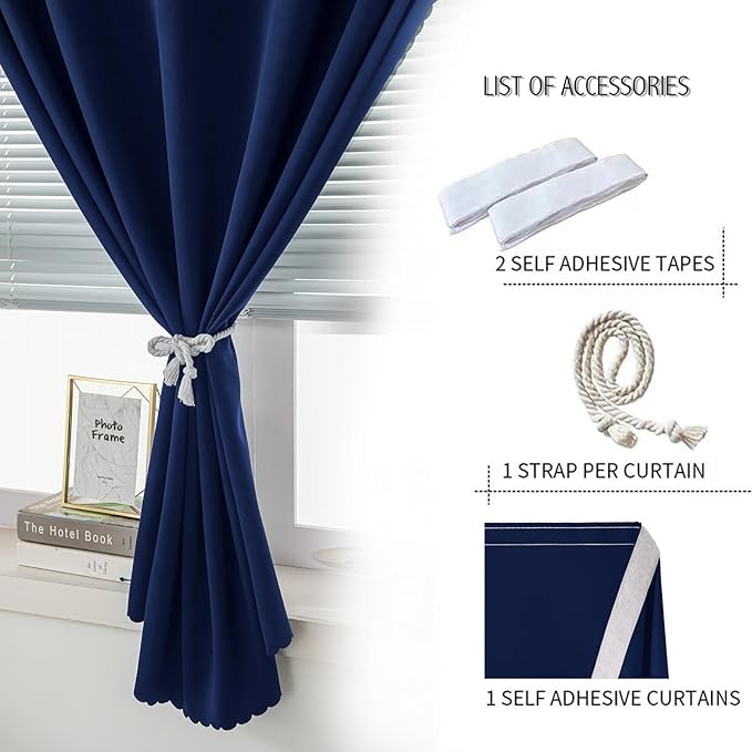 Self Adhesive Portable Blackout Curtains for Bedroom Easy to Install Window Thermal Lnsulated Kitchen Room Darkening Small Window Curtains, 47" W X 59" L, Navy Blue, 1 Panel