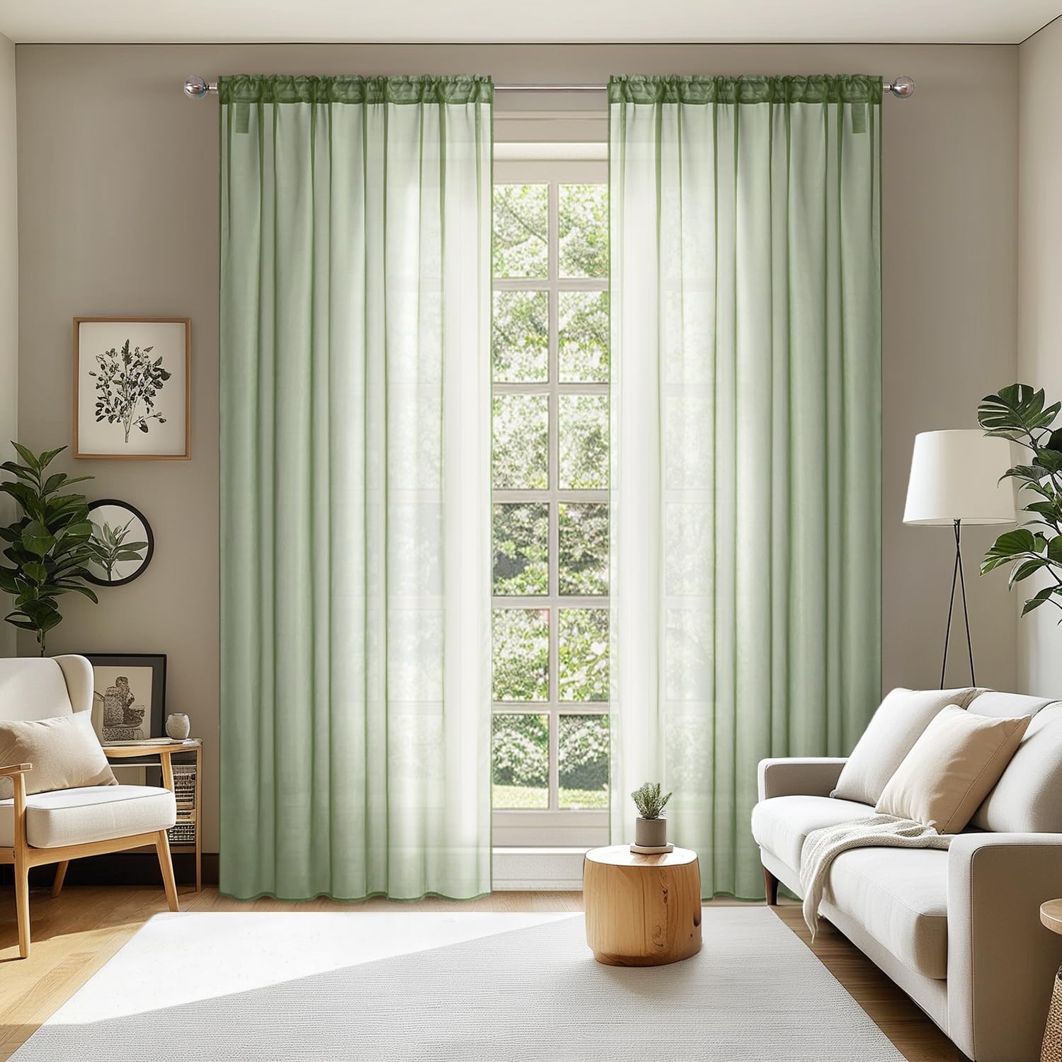 MIULEE 2 Panels Sage Green Sheer Curtains 96 inches Long, 54 X 96 Inches