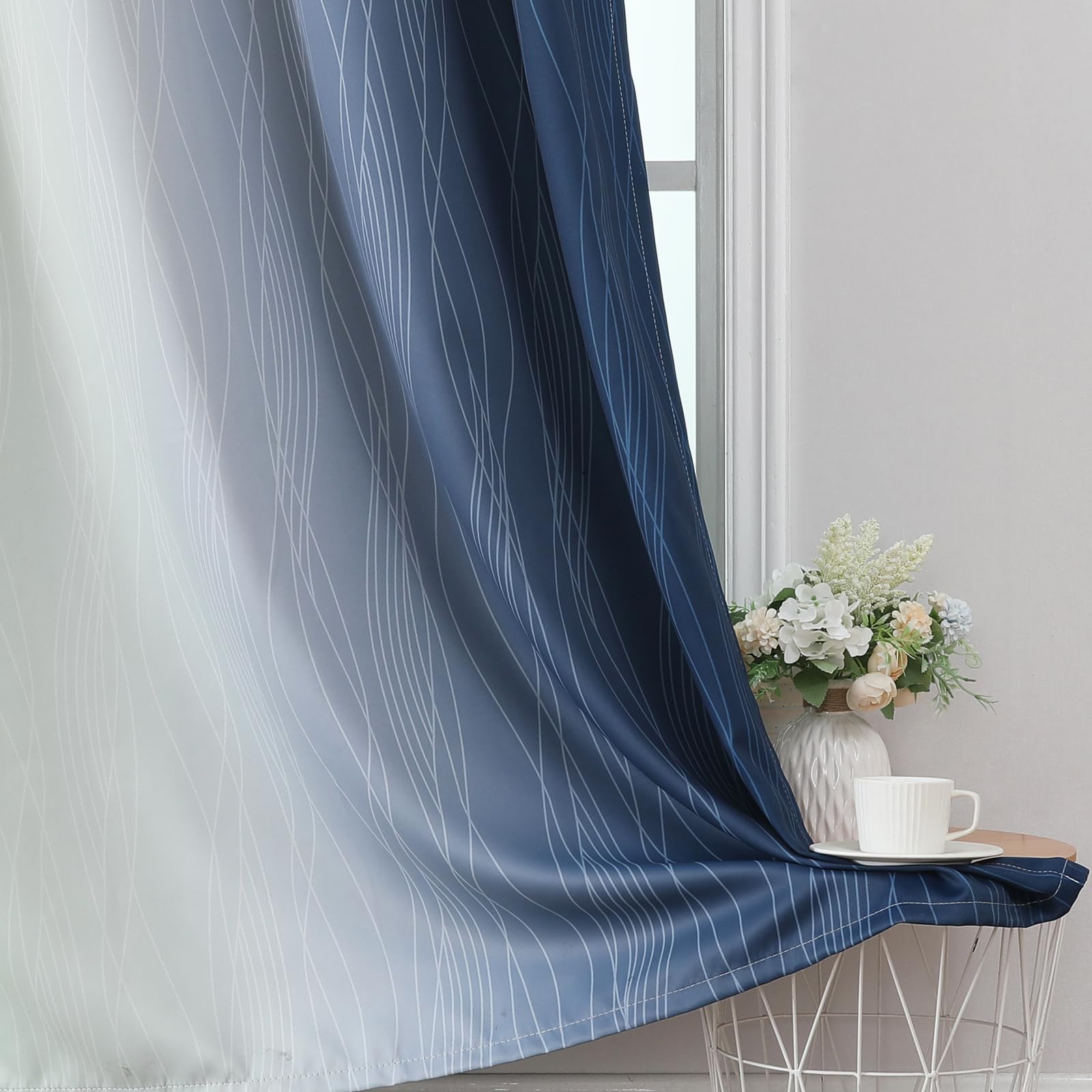 Sage Green and Navy Blue Ombre Blackout Curtains for Living Room 102 Inch