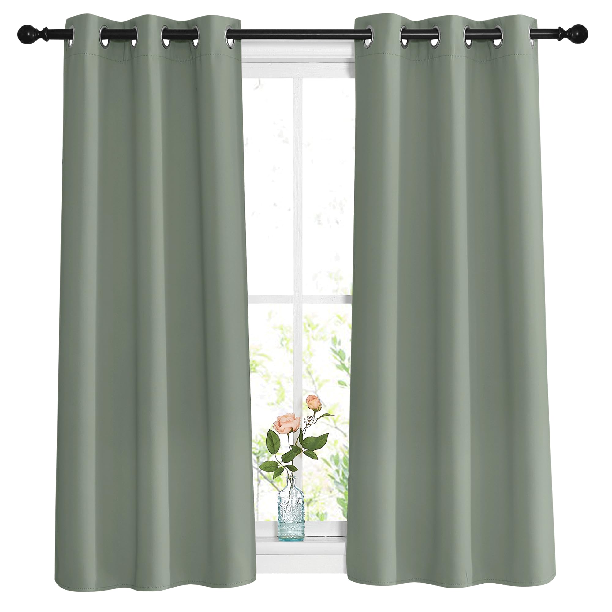 NICETOWN Short Blackout Sage Green Curtains & Drapes for Bedroom - Energy Saving Thermal Insulated Solid Grommet Room Darkening Small Window Treatments for Kitchen/Cafe (2 Panels, W37 x L48)