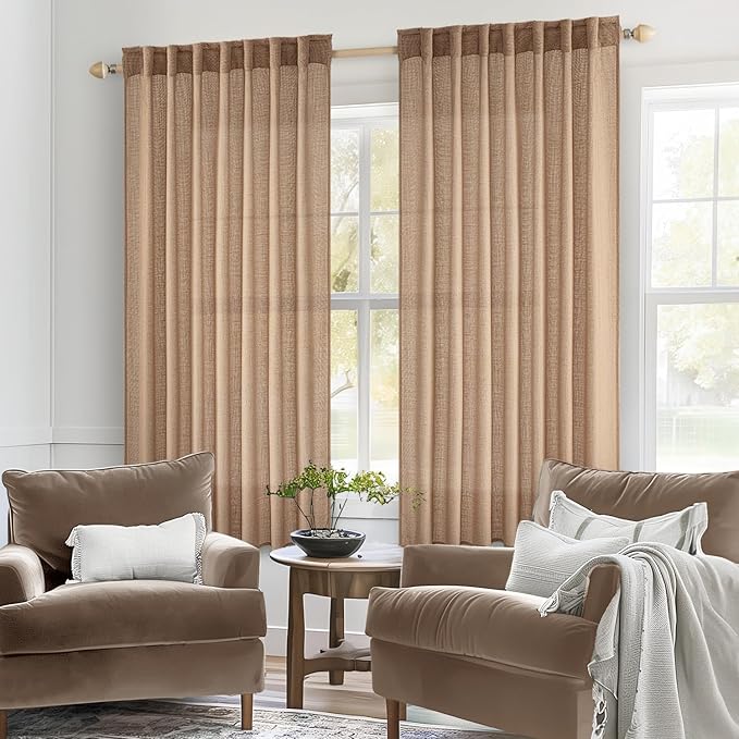 MIULEE Light Brown Linen Curtains 52x54 Inch Length 2 Panels for Bedroom